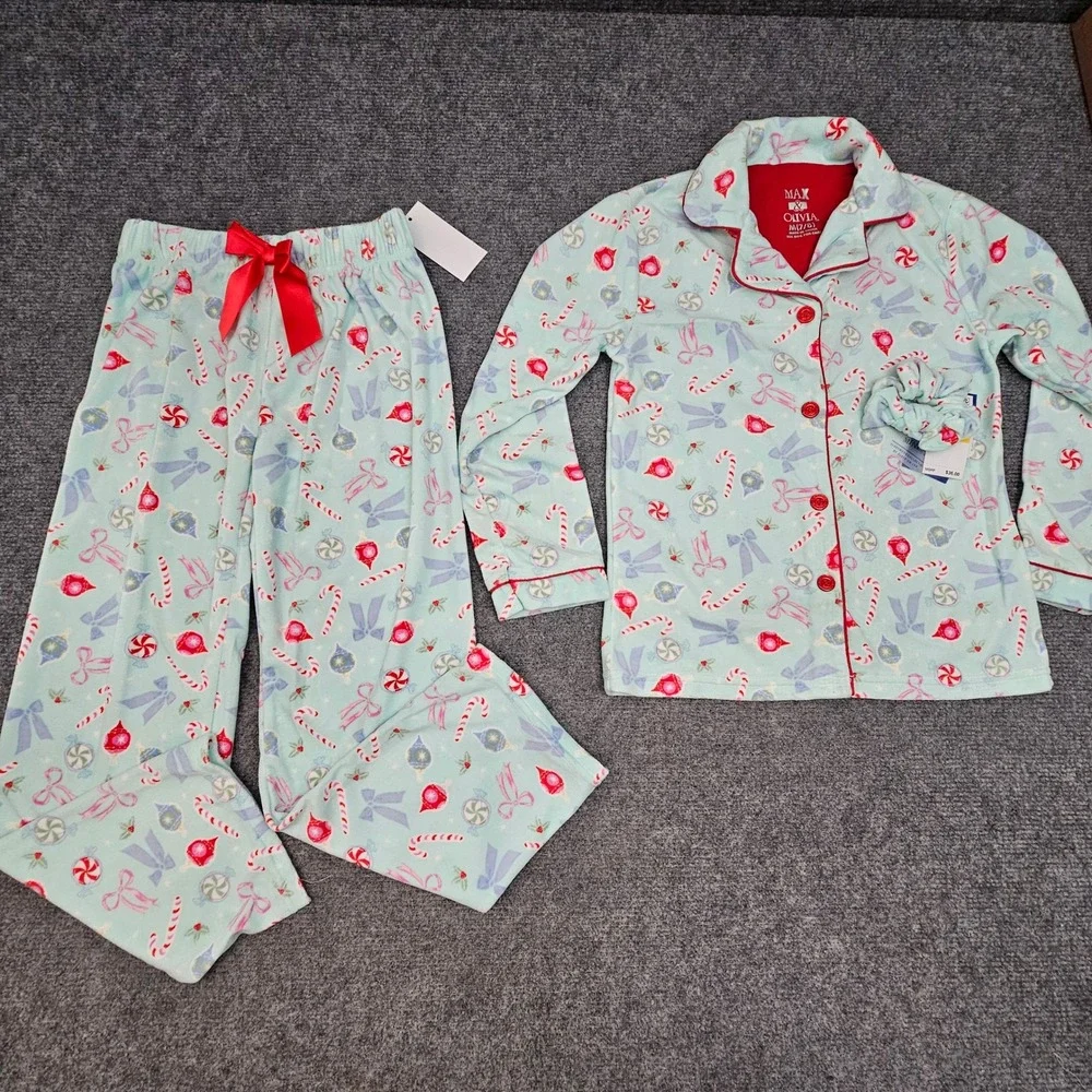 Max & Olivia Pajama Set Girls Size M 7/8 Blue‎ Holiday Fleece 2PC Scrunchie NEW